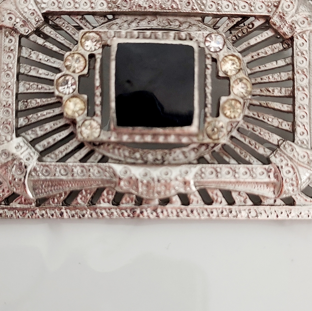 Silver Rectangular Brooch with Rhinestones - Picture 3 of 4
